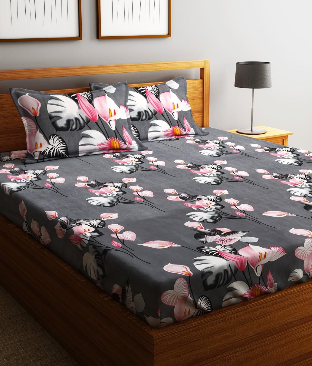 Fashion String 144TC Microfibre Tropical Floral Print Charcoal Grey Double Bedsheet with 2 Pillow Covers
